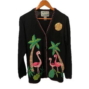 Quacker Factory Women’s S Black Cardigan Sweater Flamingo Palm Trees Tropical